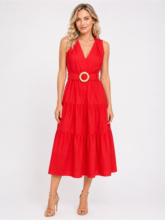 Vince Camuto Dresses & Skirts - Vince Camuto Pleat Neck Cotton Midi Dress Belted Tiered Poppy Red 4 NWT